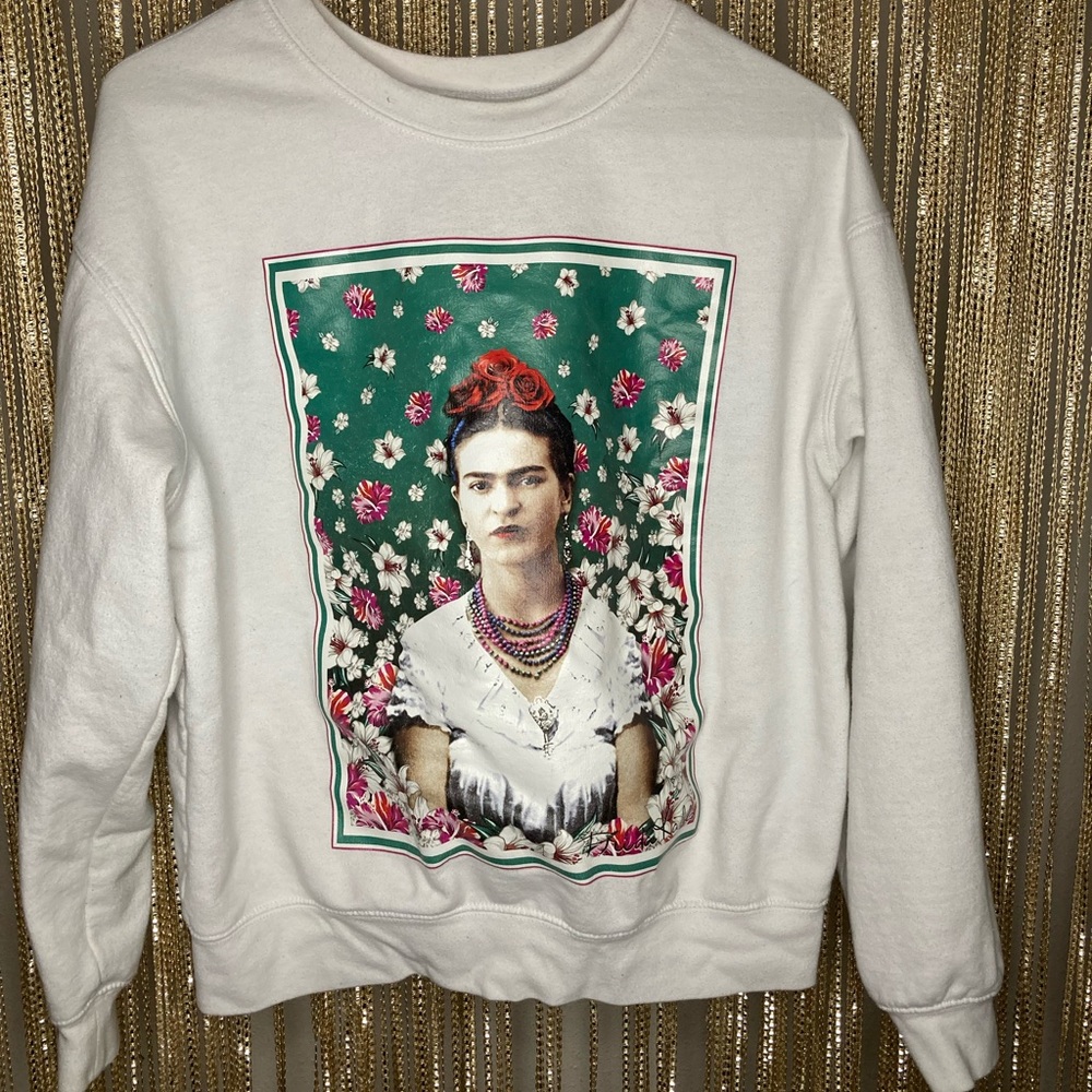 White Frida Kahlo pullover crew neck sweatshirt